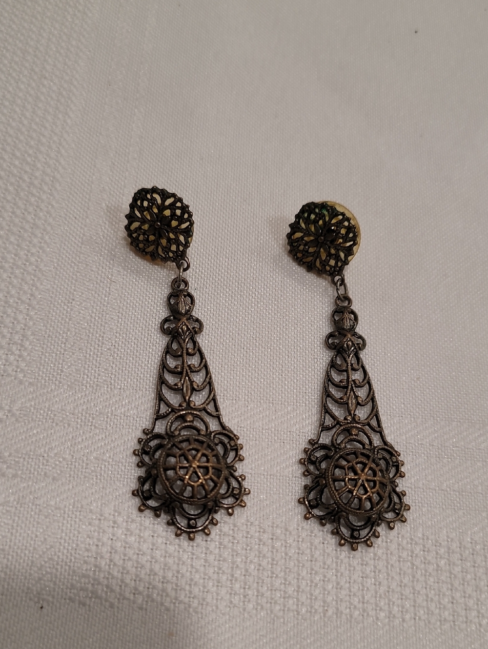 Vintage Boho Sterling Silver Brass Dangle Earrings Filigree